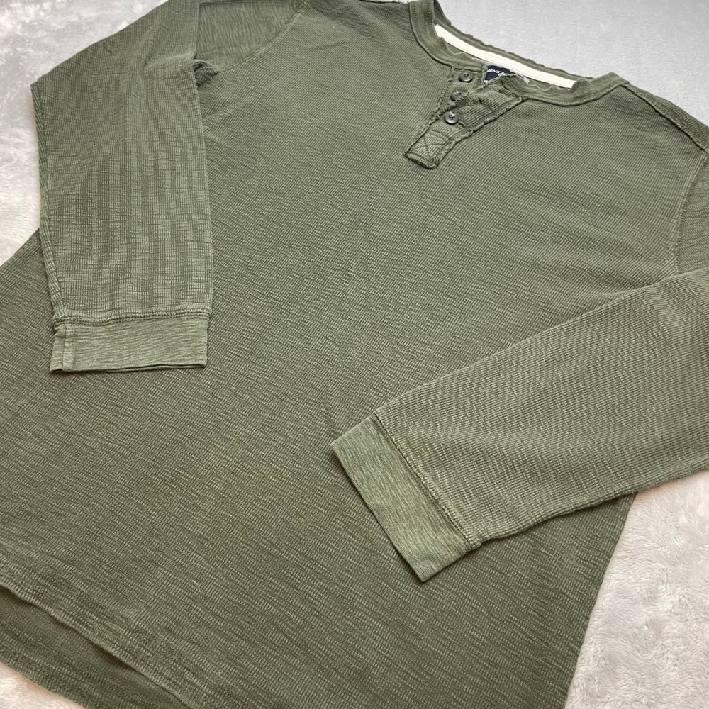 St Johns Bay Mens Waffle Knit Henley Shirt Size XLT Green Long Sleeve Cotton